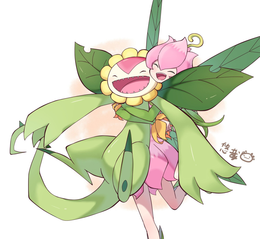 1girl 1other closed_eyes detached_sleeves digimon digimon_(creature) dress flower green_sleeves happy highres hug leaf_wings lilimon monster_girl open_mouth petals pink_dress plant plant_girl simple_background smile sunflower sunflowmon watermark white_background youzaiyouzai112