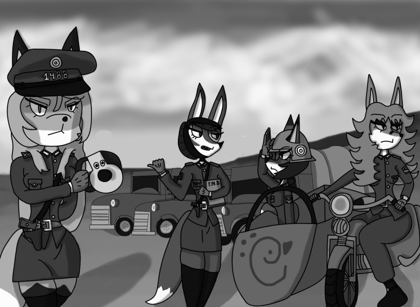 anthro averi_(fiddleafox) canid canine chick-fil-a clothing dipstick_tail female female_anthro fox fur gloves_(marking) gromit_mug group gun hair hi_res leg_markings mammal markings monochrome motorcycle ranged_weapon socks_(marking) standing tagme tail tail_markings truck unknown_artist unknown_character vehicle weapon