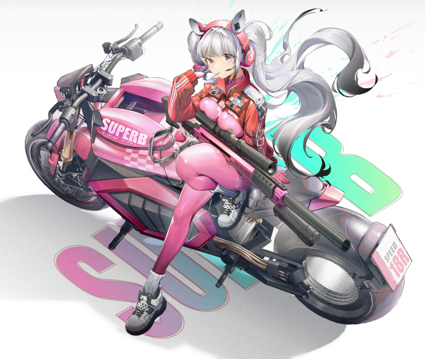 1girl absurdres alice_(nikke) animal_ear_headphones animal_ears bodysuit breast_press breasts clothes_writing covered_navel cropped_jacket fake_animal_ears fangs full_body gloves goddess_of_victory:_nikke grey_hair gun headphones highres holding holding_gun holding_weapon impossible_bodysuit impossible_clothes jacket ku-lu latex latex_bodysuit long_hair medium_breasts motor_vehicle motorcycle open_mouth pink_bodysuit pink_gloves pink_headphones pink_jacket puffy_sleeves red_eyes rifle scope shoes sidelocks sitting skin_tight sneakers sniper_rifle solo standing standing_on_one_leg teeth twintails two-tone_gloves upper_teeth_only weapon white_footwear white_gloves