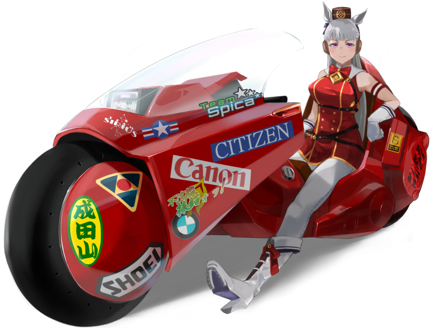 1girl akira animal_ears armband bmw boots bow bowtie breasts buttons canon_(company) capelet character_name chest_strap closed_mouth commentary_request dress gloves gold_ship_(umamusume) grey_hair harness high_heel_boots high_heels horse_ears horse_girl kaneda_shoutarou's_bike large_breasts long_hair looking_at_viewer on_motorcycle osagirisu paint pants pillbox_hat pink_eyes red_bow red_bowtie red_dress simple_background sleeveless sleeveless_dress smile solo sticker umamusume white_background white_capelet white_footwear white_gloves white_pants