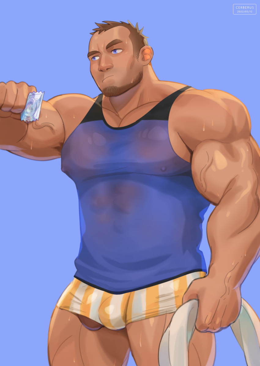 1boy armpit_hair bald_spot bara beard biceps blue_eyes blue_tank_top boxer_briefs brown_hair bulge cerberus_arts condom condom_wrapper covered_nipples dark-skinned_male dark_skin facial_hair feet_out_of_frame hand_up highres holding holding_condom large_pectorals male_focus male_underwear mature_male muscular muscular_male original paid_reward_available pectorals penis penis_peek see-through shirt short_hair sideburns solo standing sweat tank_top thick_eyebrows thick_thighs thighs underwear veins veiny_arms wet wet_clothes wet_shirt white_male_underwear yellow_male_underwear