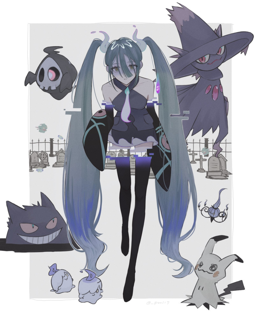 1girl aqua_hair black_thighhighs chandelure cross detached_sleeves duskull fire floating gengar ghost ghost_miku_(project_voltage) glitch gradient_hair graveyard grey_shirt hair_between_eyes hatsune_miku highres litwick looking_at_viewer mimikyu misdreavus mismagius multicolored_hair necktie pale_skin parted_lips pokemon pokemon_(creature) pool17 project_voltage red_eyes see-through see-through_skirt shirt sinistea skirt sleeves_past_fingers sleeves_past_wrists thighhighs tombstone twintails vocaloid will-o'-the-wisp_(mythology) yellow_eyes