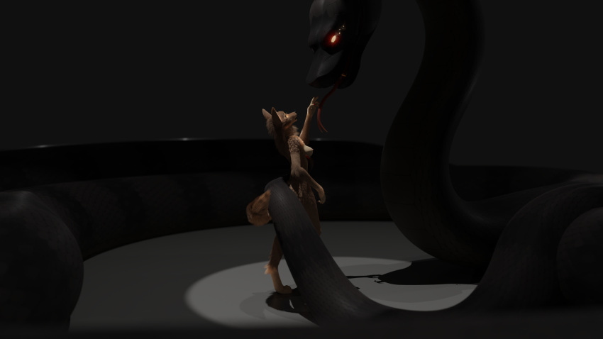 3d_(artwork) absurd_res anthro blender_(software) blender_cycles breasts canid canine coiling digital_media_(artwork) duo female feral forked_tongue fox hi_res hypnosis hypnotic_eyes ire_(malfaren) male male/female malfaren_(artist) mammal mind_control nipples reptile scalie size_difference snake tongue
