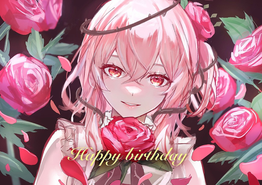 1girl commentary flower happy_birthday looking_at_viewer medium_hair nijisanji nijisanji_en pink_eyes pink_hair red_flower red_rose rose rosemi_lovelock rosemi_lovelock_(1st_costume) short_sidetail smile snowflake_lantern solo symbol-only_commentary thorns virtual_youtuber