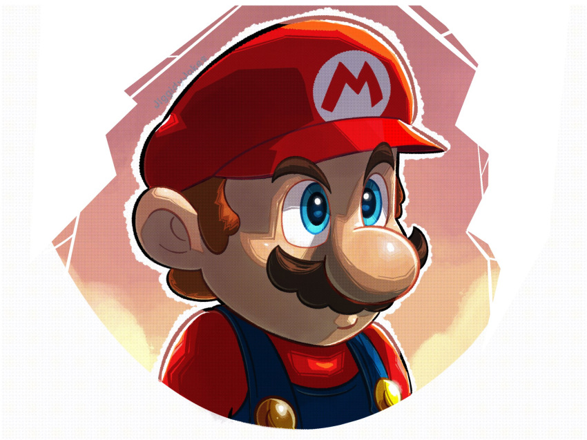 1boy blue_eyes blue_overalls brown_hair commentary hat highres jiggidyjakes male_focus mario mario_(series) overalls portrait red_shirt shirt solo
