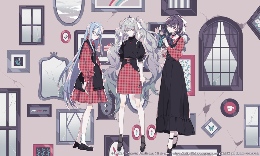 25-ji_miku 3girls asahina_mafuyu black_choker black_dress black_eyes black_footwear black_hair black_shirt black_socks blue_eyes blue_hair bow broken_glass broken_mirror broken_window bug butterfly cake choker collarbone commentary copyright_name curtains cutlery_(vocaloid) dress earrings flower food fork full_body gem glass green_eyes grey_hair hair_between_eyes hair_bow hatsune_miku heterochromia high-waist_skirt highres holding holding_fork holding_knife holding_spoon jewelry knife loafers long_hair looking_at_viewer mary_janes mirror multiple_girls muntins necklace picture_(object) picture_frame pinafore_dress pink_eyes plaid plaid_dress plaid_shirt plaid_skirt ponytail project_sekai rainbow red_dress red_gemstone red_shirt red_skirt shikimi_(yurakuru) shirt shoes sidelocks simple_fish skirt sleeveless sleeveless_dress socks spoon standing sweater turtleneck turtleneck_sweater twintails very_long_hair vocaloid wavy_hair white_bow white_socks window yoisaki_kanade