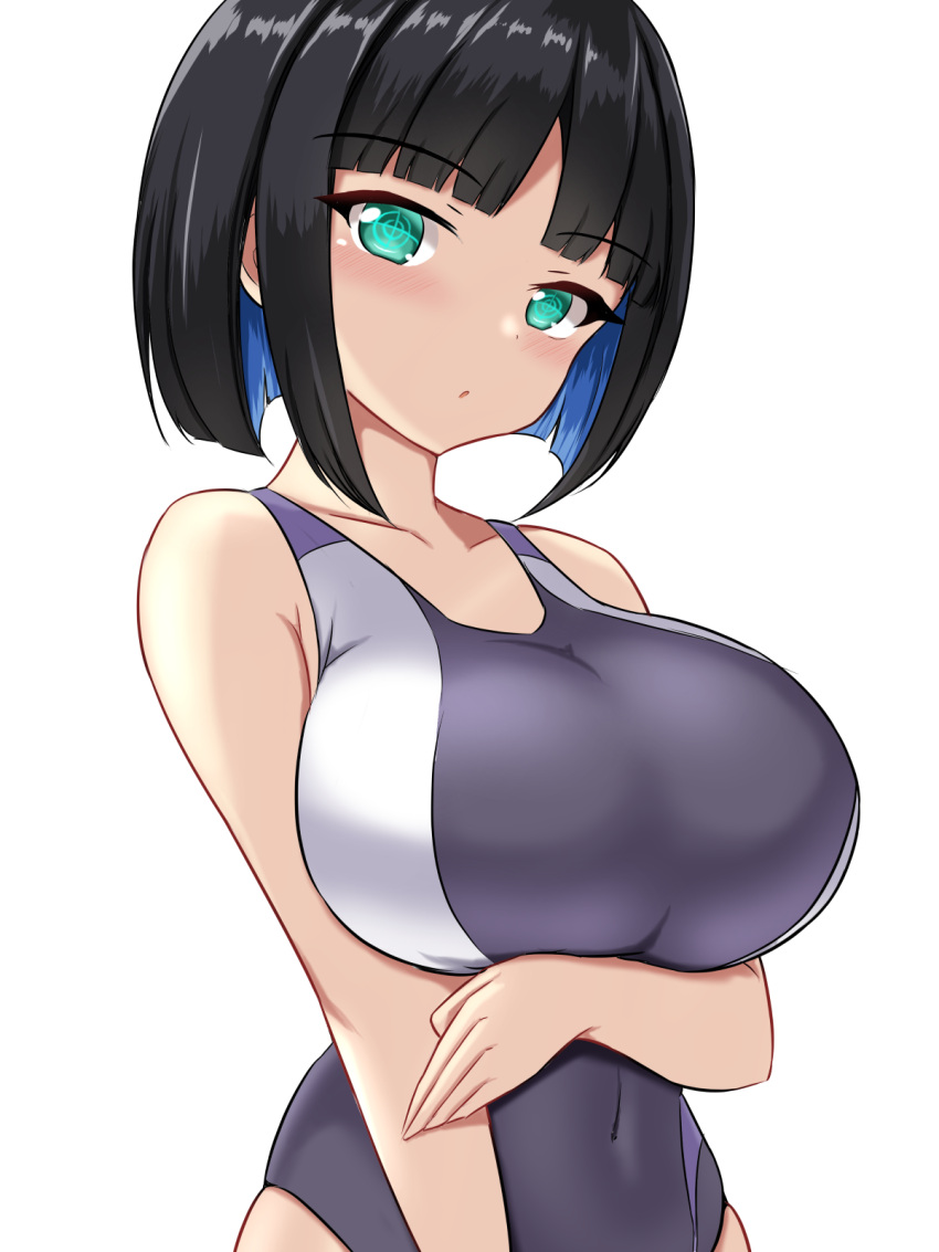 1girl black_hair black_one-piece_swimsuit blush breasts cleavage collarbone competition_swimsuit crosshair_pupils dolphin_wave eines_(dolphin_wave) green_eyes highres large_breasts looking_at_viewer montemasa one-piece_swimsuit short_hair simple_background solo swimsuit symbol-shaped_pupils upper_body white_background