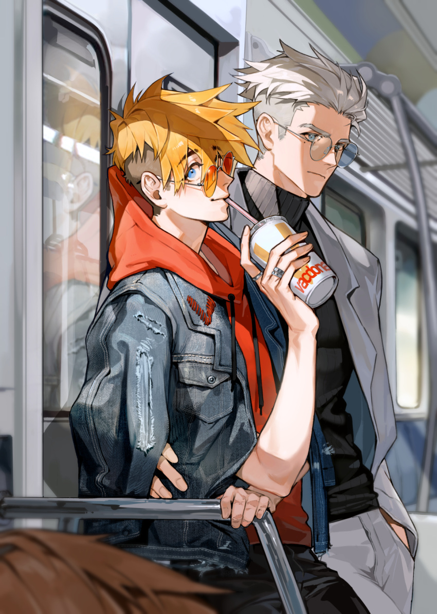 2boys black_pants black_sweater blonde_hair blue_eyes blue_jacket brothers closed_mouth drinking_straw drinking_straw_in_mouth glasses grey_jacket grey_pants hand_in_pocket highres hood hood_down hoodie jacket jacket_on_shoulders long_sleeves male_focus millions_knives mole mole_under_eye multiple_boys orange-tinted_eyewear pants red_hoodie rladd881 round_eyewear short_hair siblings smile sweater tinted_eyewear train_interior trigun trigun_stampede turtleneck turtleneck_sweater undercut vash_the_stampede white_hair