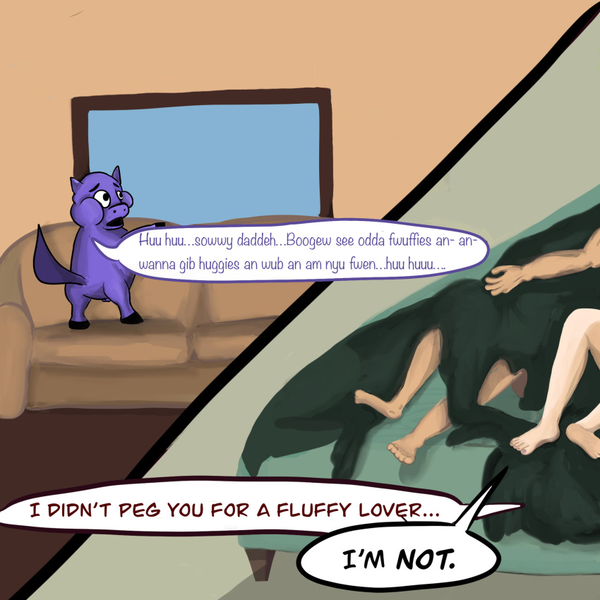 ambiguous_gender baby_talk bedding blanket cuddlybloodily dialogue english_text feral fluffy_pony fur furniture group hi_res human male mammal purple_body purple_fur sofa text trio window