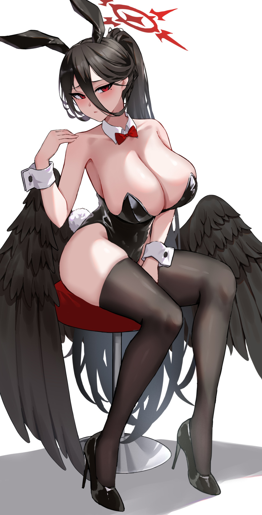1girl absurdres animal_ears bare_shoulders black_footwear black_hair black_leotard black_thighhighs black_wings blue_archive blush bow bowtie breasts cleavage covered_navel detached_collar fake_animal_ears fake_tail feathered_wings hair_between_eyes halo hasumi_(blue_archive) high_heels highleg highleg_leotard highres large_breasts legs leotard long_hair looking_at_viewer mole mole_under_eye playboy_bunny rabbit_ears rabbit_tail red_bow red_bowtie red_eyes red_halo sitting solo strapless strapless_leotard tail thighhighs white_background wings wrist_cuffs yukiaka