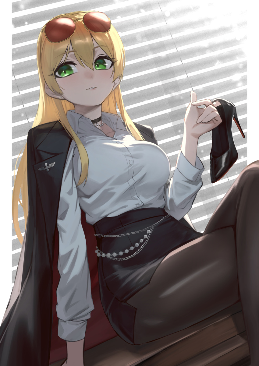 absurdres blonde_hair chorogon commission commissioner_upload eyewear_on_head girls'_frontline green_eyes high_heels highres jacket jacket_on_shoulders jewelry shirt skeb_commission skirt smug stg44_(detective's_sidekick)_(girls'_frontline) stg44_(girls'_frontline) sunglasses thighhighs thighs white_shirt