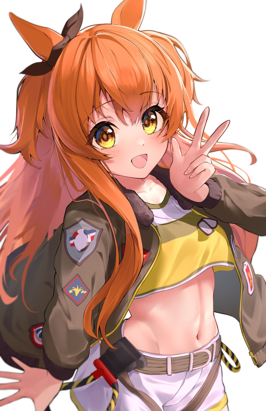 1girl absurdres animal_ears belt bomber_jacket breasts collarbone commentary_request dog_tags hair_ornament highres horse_ears jacket looking_at_viewer mayano_top_gun_(umamusume) midriff navel open_mouth orange_hair shorts shumai_il simple_background small_breasts solo umamusume v white_background yellow_eyes