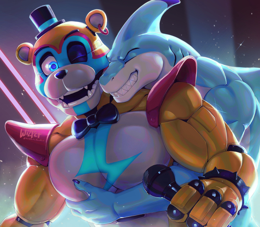 anthro black_nose blue_body blue_eyes blue_markings bow_tie clothing duo ear_piercing ear_ring electronics embrace eyes_closed fin fingers fish five_nights_at_freddy's freddy_(fnaf) hand_on_pec hat headgear headwear hi_res holding_microphone holding_object hug machine male marine markings microphone muscular muscular_anthro muscular_male muscular_shoulder one_eye_closed pecs piercing red_shoulder_pads ring_piercing robot scottgames shark shoulder_pads smile teeth white_body wink wizper_baobao yellow_body