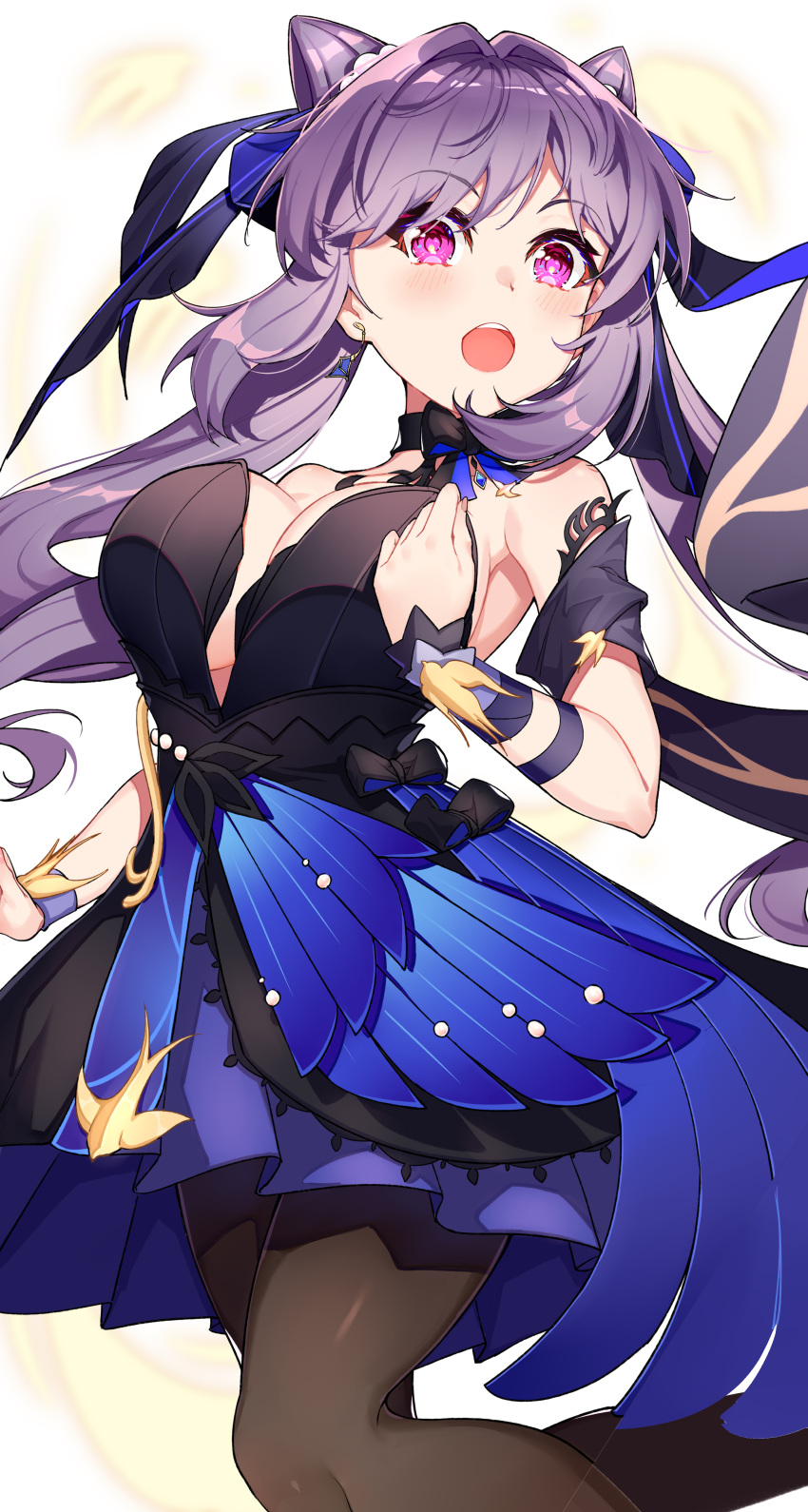 1girl absurdres bare_shoulders black_dress blush bow_choker breasts brown_pantyhose choker cleavage cone_hair_bun crystal_earrings double_bun dress earrings erdongjinming genshin_impact hair_bun hair_ears hair_ornament hair_ribbon highres jewelry keqing_(genshin_impact) keqing_(opulent_splendor)_(genshin_impact) large_breasts long_hair multicolored_clothes multicolored_dress official_alternate_costume open_mouth pantyhose pearl_hair_ornament pink_eyes purple_hair ribbon sidelocks simple_background single_earring solo strapless strapless_dress twintails two-tone_dress