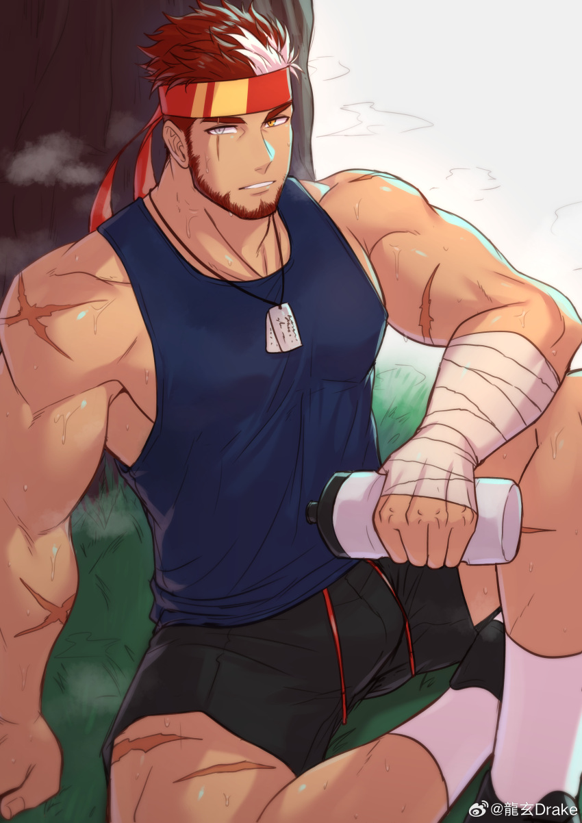 1boy absurdres bara beard black_shorts blue_tank_top bottle bulge commission cross_scar dog_tags facial_hair feet_out_of_frame headband highres holding holding_bottle indie_virtual_youtuber knee_up large_pectorals looking_at_viewer male_focus manspreading mature_male multicolored_hair muscular muscular_male parted_lips pectorals red_hair red_headband ryuugen_drake scar scar_across_eye second-party_source short_hair short_shorts shorts sidepec sitting socks solo streaked_hair sweat tank_top toumato tree_shade very_sweaty white_hair white_socks