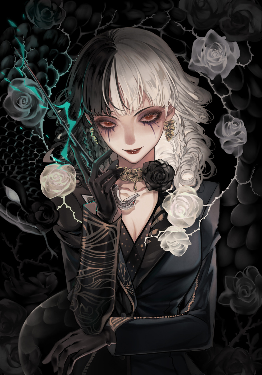 1girl absurdres black_background black_eyeshadow black_flower black_gloves black_hair black_jacket black_rose black_snake blunt_bangs breasts cleavage curly_hair earrings eyeshadow flower gloves grin hand_on_own_elbow hand_up harry_potter:_magic_awakened highres holding holding_wand jacket jewelry long_hair looking_at_viewer makeup multicolored_hair red_eyes red_lips rose smile snake split-color_hair two-tone_hair upper_body wand white_flower white_hair white_rose xialuo_yingling