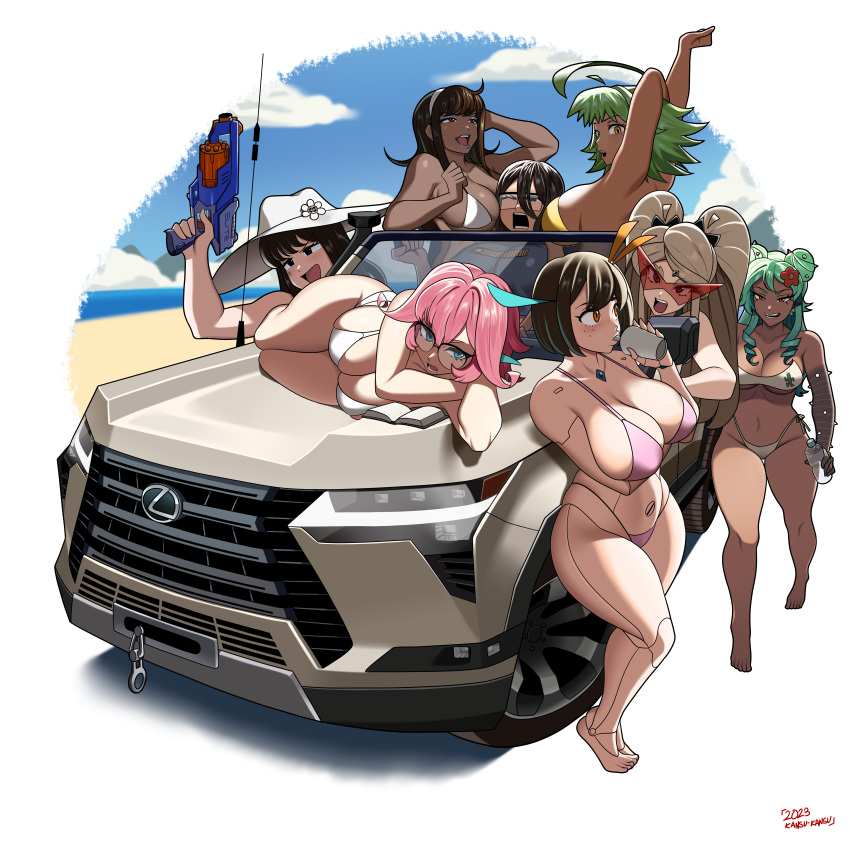 6+girls absurdres ahoge android aqua_eyes aqua_hair barefoot between_breasts bikini black-framed_eyewear black_hair blue_eyeshadow blue_lips borrowed_character breast_hold breasts car cleavage commentary condy_(condylonucla) crossover cup dark-skinned_female dark_skin disposable_cup double_bun elbow_spikes english_commentary eyeshadow freckles girl_sandwich glasses green_hair hair_bun head_between_breasts highres huge_ahoge huge_breasts joints kamina_shades kansu-kansu large_breasts lexus lexus_(kansu-kansu) lexus_nx liz_(flytrapxx) long_hair lying makeup motor_vehicle multicolored_hair multiple_crossover multiple_girls nerf_gun nerf_maverick_rev-6 on_side on_vehicle original over-rim_eyewear pink_bikini pink_hair red_eyes revision rimless_eyewear robot_joints sandwiched semi-rimless_eyewear short_hair side-tie_bikini_bottom spikes strap_gap streaked_hair summer swimsuit tsona_(nyantcha) twintails underboob white_bikini yurp!_(bombsahoy)