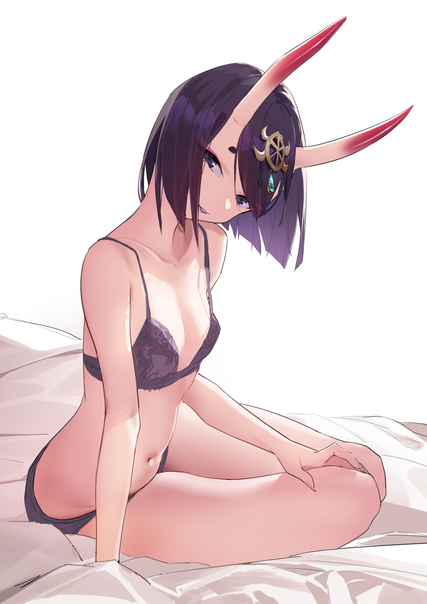 1girl absurdres bare_shoulders bob_cut bra breasts collarbone eyeliner fate/grand_order fate_(series) headpiece highres horns looking_at_viewer makeup navel oni oni_horns panties purple_bra purple_eyes purple_hair purple_panties raywallin short_hair shuten_douji_(fate) sitting skin-covered_horns small_breasts smile solo thighs underwear