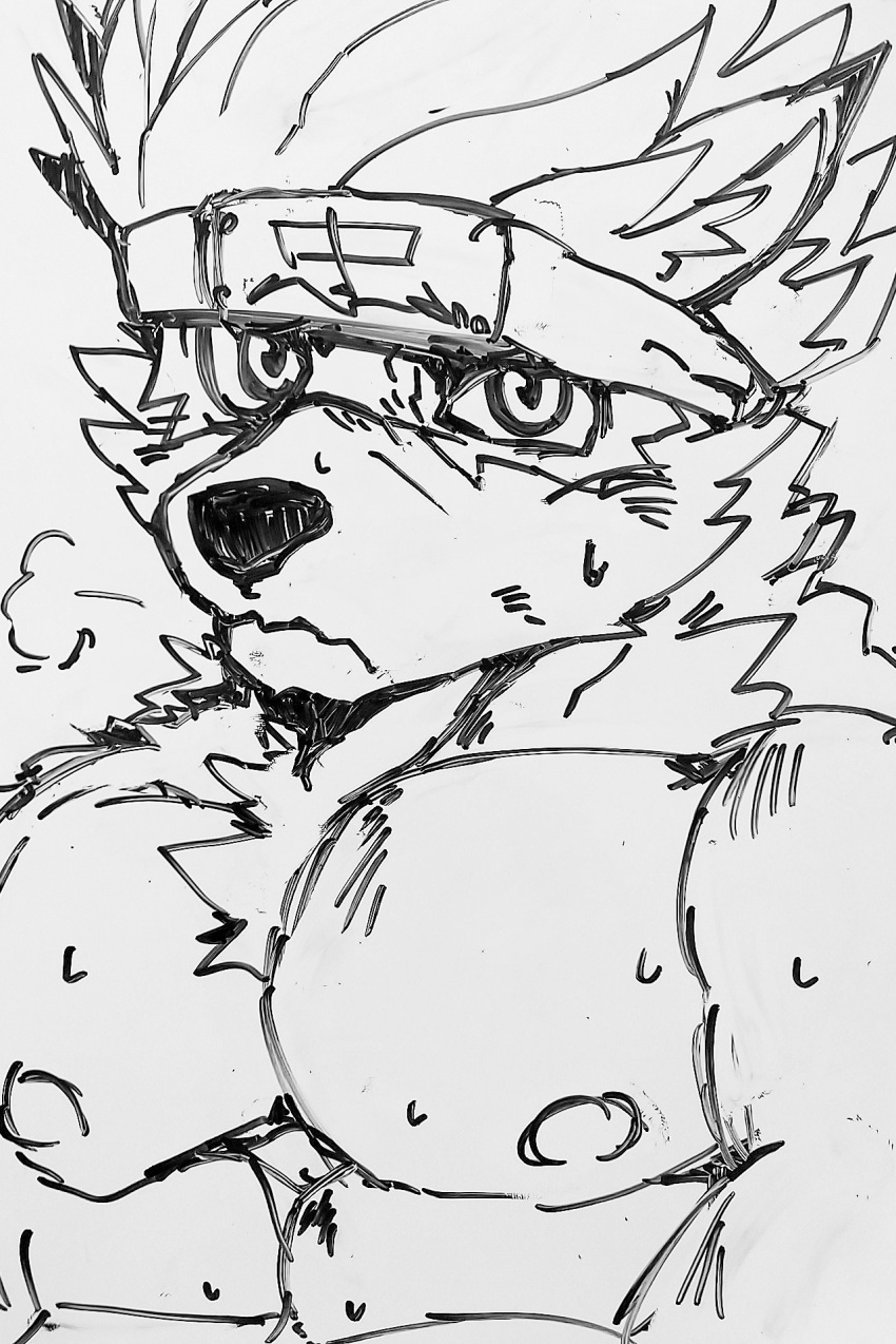 accessory bodily_fluids canid canine canis domestic_dog ggg_novel hair headband hi_res lifewonders looking_at_viewer male mammal muscular muscular_male nipples pecs solo sweat tadatomo tokyo_afterschool_summoners