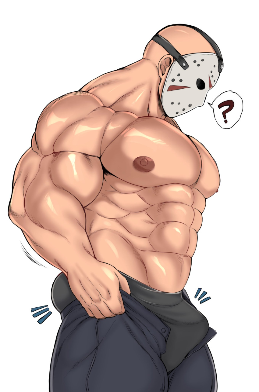 1boy ? abs ass ass_lift bara bulge bulge_lift chan_kuro_(azsdi4e) dressing feet_out_of_frame friday_the_13th from_side grey_male_underwear highres hockey_mask i've_never_seen_a_guy_recreate_this_successfully_tbh_(meme) jason_voorhees large_areolae large_pectorals looking_at_bulge male_focus male_underwear mask meme motion_lines muscular muscular_male nipples open_pants pants pants_lift pectorals shiny_skin short_hair sideburns solo spoken_question_mark stomach thick_thighs thighs topless_male undersized_clothes underwear