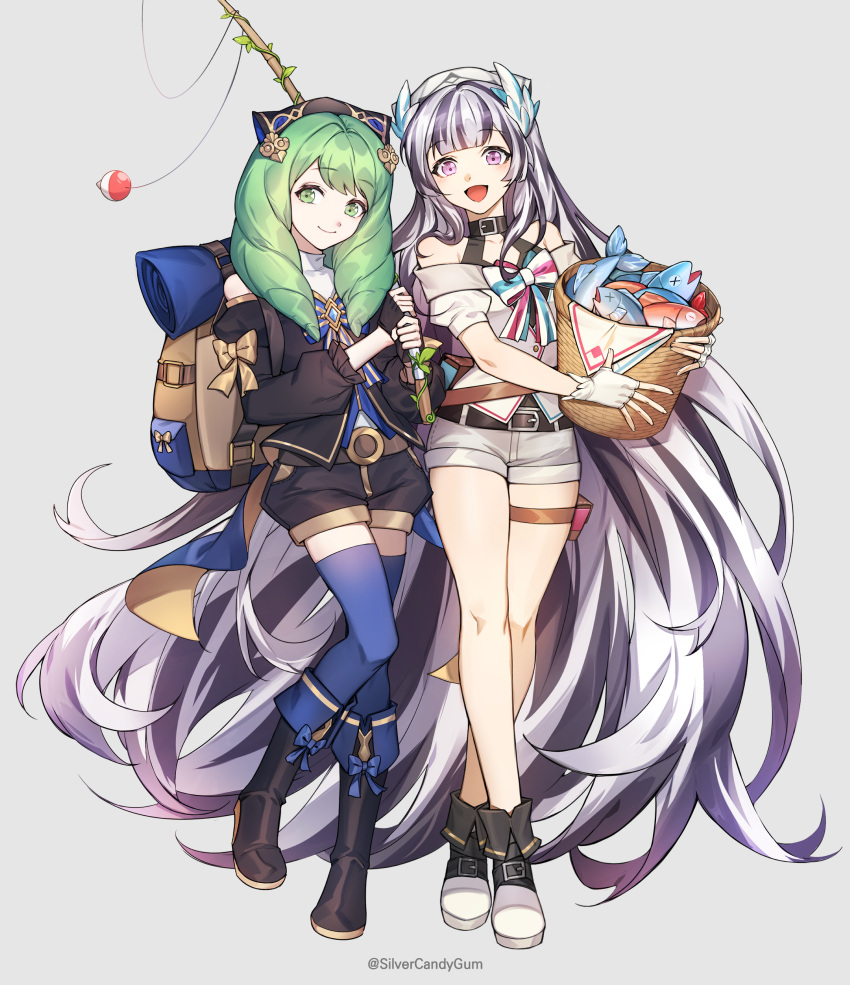 2girls absurdres artist_name bare_shoulders basket black_hair boots commission drill_hair feather_hair_ornament feathers fire_emblem fire_emblem:_three_houses fire_emblem_engage fire_emblem_heroes fish fishing_rod flayn_(fire_emblem) full_body green_eyes green_hair grey_hair hair_ornament highres holding holding_basket long_hair long_sleeves looking_at_viewer multicolored_hair multiple_girls open_mouth petite pixiv_commission purple_eyes shorts silvercandy_gum simple_background smile thigh_strap thighhighs two-tone_hair very_long_hair veyle_(fire_emblem)