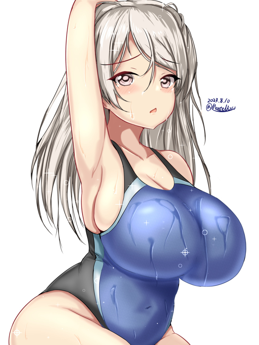 1girl arm_up black_one-piece_swimsuit blue_one-piece_swimsuit blush breasts cleavage commentary_request competition_swimsuit conte_di_cavour_(kancolle) covered_navel dated grey_eyes grey_hair highres kantai_collection large_breasts long_hair looking_at_viewer montemasa one-piece_swimsuit open_mouth sideboob signature simple_background solo swimsuit wet white_background