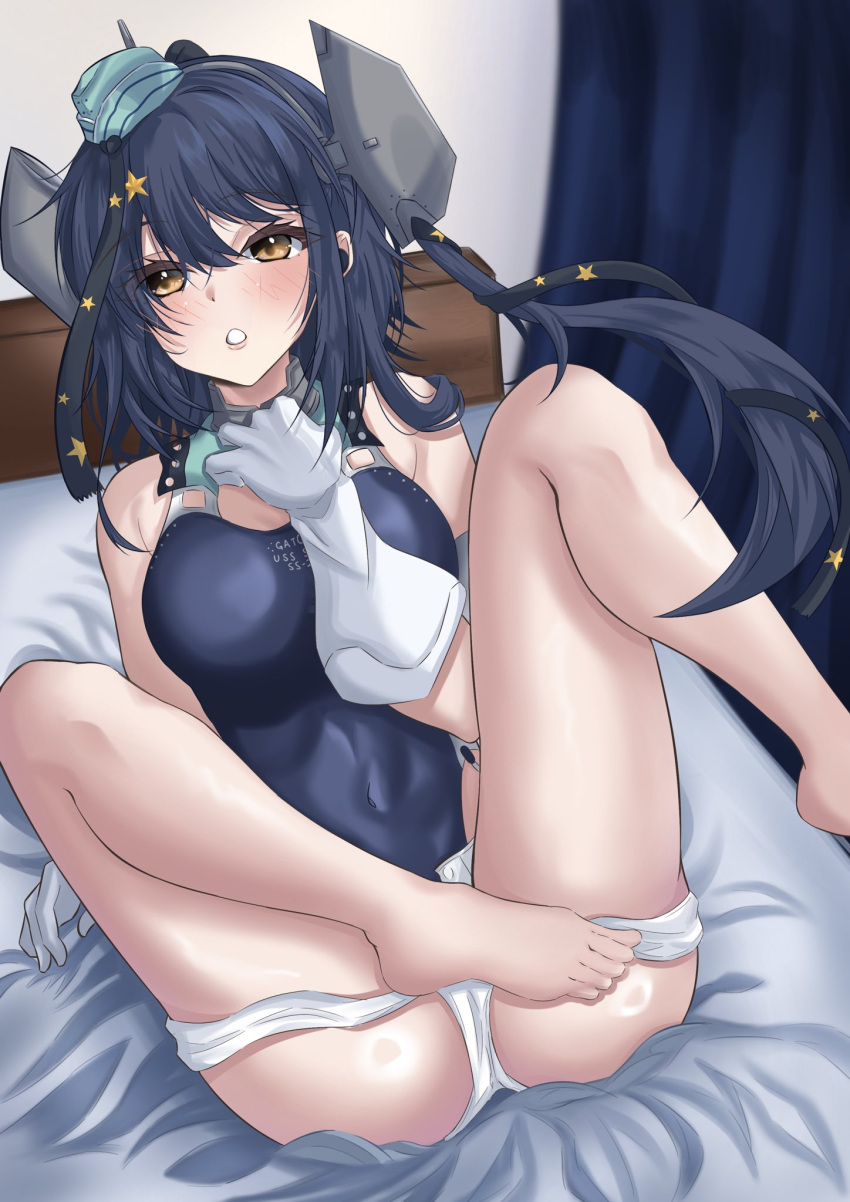1girl aqua_headwear barefoot bed black_hair black_one-piece_swimsuit black_ribbon brown_eyes competition_swimsuit curtains dr.plankton garrison_cap gloves hair_ornament hair_ribbon hat highleg highleg_swimsuit highres kantai_collection long_hair lying one-piece_swimsuit parted_lips ribbon scamp_(kancolle) short_shorts shorts side_ponytail solo star_(symbol) star_hair_ornament swimsuit two-tone_one-piece_swimsuit white_gloves white_shorts