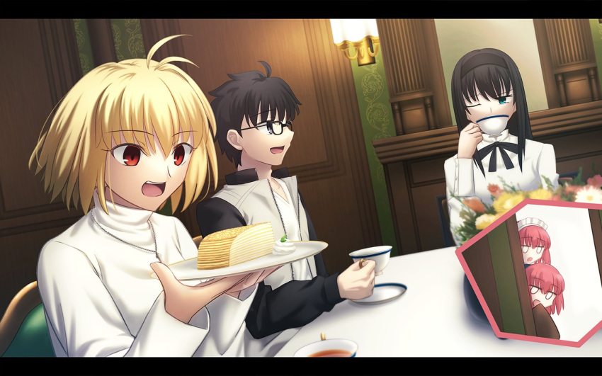 1boy 4girls ahoge antenna_hair aqua_eyes arcueid_brunestud black-framed_eyewear black_eyes black_hair black_hairband black_ribbon blonde_hair blue_bow bow chair chibi commentary_request cup drinking food glasses hair_bow hairband hisui_(tsukihime) holding holding_cup holding_plate indoors jacket jewelry kohaku_(tsukihime) long_hair long_sleeves looking_at_another maid_headdress multiple_girls neck_ribbon necklace one_eye_closed open_clothes open_jacket open_mouth plate red_eyes red_hair ribbon shirt shoori_(migiha) short_hair siblings sisters sitting smile sweater table teacup tohno_akiha tohno_shiki tsukihime tsukihime_(remake) turtleneck turtleneck_sweater twins white_shirt white_sweater