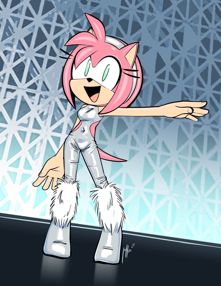 2023 absurd_res amy_rose anthro boots clothing eulipotyphlan female footwear fur glistening glistening_clothing green_eyes hedgehog hi_res lettuce_(artist) mammal open_mouth open_smile pink_body pink_fur sega smile solo sonic_the_hedgehog_(series)