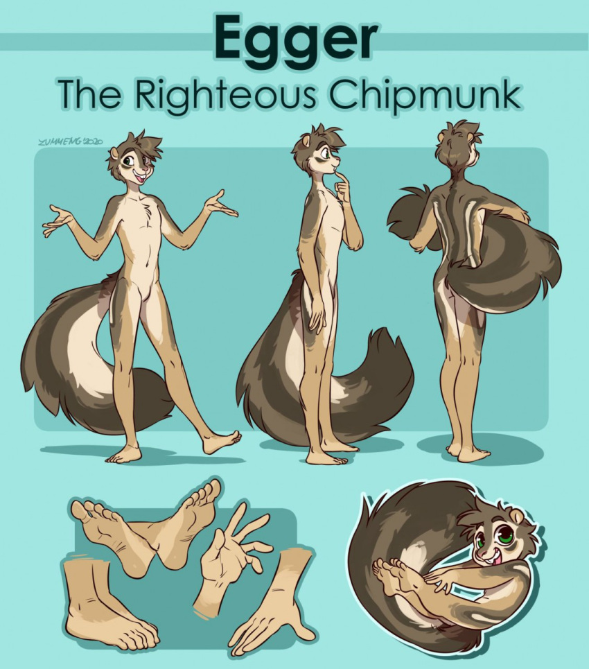 2020 5_fingers 5_toes anthro brown_body brown_fur brown_hair chibi chipmunk egger english_text feet fingers full-length_portrait fur green_background ground_squirrel hair hi_res humanoid_feet humanoid_hands long_tail looking_at_viewer male mammal model_sheet nude palms plantigrade portrait rodent sciurid shadow simple_background soles solo standing tail text toes zummeng