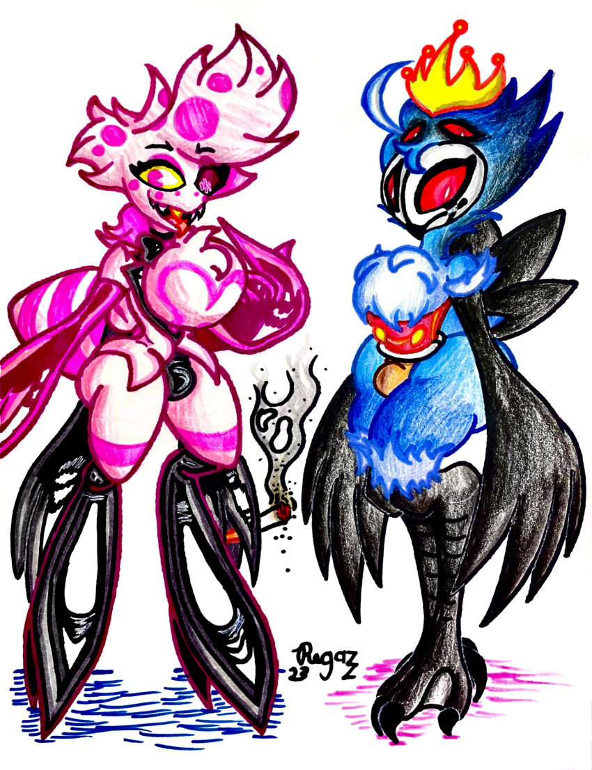 4_arms 4_eyes angel_dust anthro arachnid armwear ars_goetia arthropod arthropod_abdomen asymmetrical_eyes avian big_chest big_hair big_hands big_tail bird black_sclera blue_body bow_tie bulge chest_tuft cigarette clothing corset crown demon duo eyeliner fluffy_chest footwear glistening glistening_clothing glistening_gloves glistening_handwear gloves gold_(metal) gold_tooth hair handwear hazbin_hotel headgear helluva_boss hi_res high_heels humanoid lapel latex_gloves lingerie makeup male male/male multi_arm multi_eye multi_limb owl pervnamedregazz pie_cut_eyes pink_body red_sclera redesign smoke spider stolas_(helluva_boss) tail talons thick_thighs topwear traditional_media_(artwork) tuft