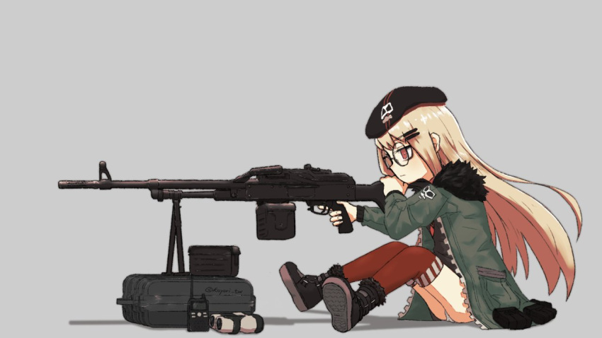 1girl aiming beret binoculars bipod black_footwear black_headwear black_shirt blonde_hair boots box_magazine closed_mouth commentary crate expressionless full_body fur-trimmed_boots fur-trimmed_jacket fur_trim girls'_frontline glasses green_jacket grey_background gun hair_ornament hairclip hat holding holding_gun holding_weapon jacket kamihine long_hair long_sleeves machine_gun necktie open_clothes open_jacket panties pantyshot pouch red_eyes red_necktie red_thighhighs round_eyewear shadow shirt shoe_soles simple_background sitting solo thighhighs trigger_discipline twitter_username type_80 type_80_(girls'_frontline) underwear very_long_hair walkie-talkie weapon white_panties