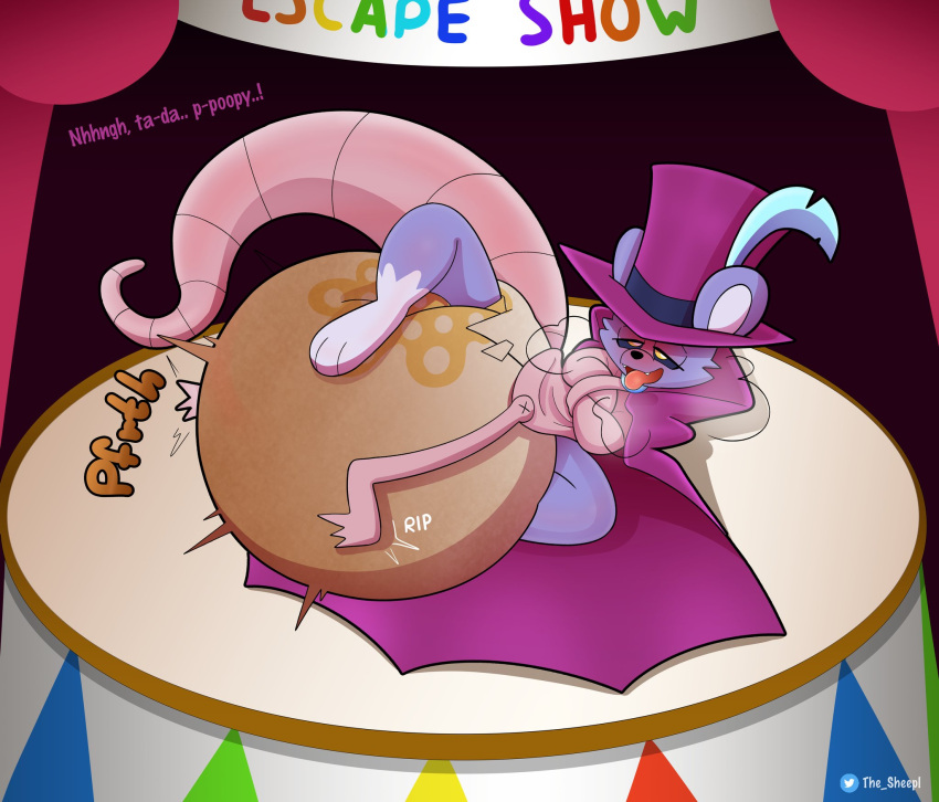 anthro blush cape clothing diaper feathers feces hat headgear headwear hi_res male mammal messy_diaper murid murine pooping rat restraints rodent soiled_diaper soiling soiling_diaper solo stage straitjacket the_sheepl tongue tongue_out top_hat