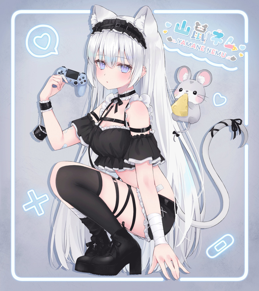 1girl absurdres animal animal_ears arm_belt bare_shoulders black_choker black_footwear black_shirt black_shorts black_thighhighs boots breasts chest_harness choker cleavage crop_top ear_piercing extra_ears frills hand_up harness headdress highres holding indie_virtual_youtuber long_hair looking_at_viewer midriff mouse mouse_ears mouse_girl mouse_tail off_shoulder parted_lips piercing playstation_controller purple_eyes shano_hiyori shirt short_shorts shorts single_thighhigh small_breasts solo squatting tail thigh_strap thighhighs thighs very_long_hair virtual_youtuber white_hair wrist_cuffs yamane_nemu_(vtuber)