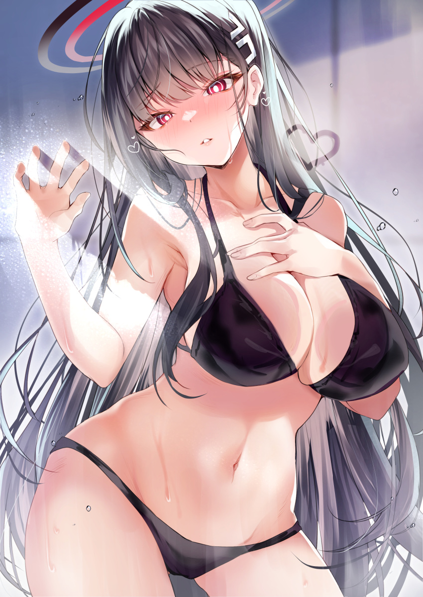 1girl absurdres against_glass bare_arms bare_shoulders bikini black_bikini black_hair blue_archive blush breast_suppress breasts bright_pupils cleavage commentary_request contrapposto cowboy_shot glass_writing halo heart highres large_breasts long_hair looking_at_viewer navel nenobi_(nenorium) paid_reward_available parted_lips red_eyes ringed_eyes rio_(blue_archive) solo stomach swimsuit very_long_hair wet white_pupils