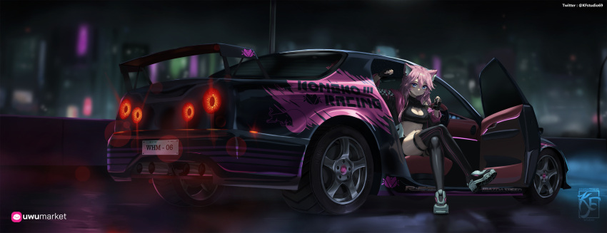 1girl absurdres animal_ear_fluff animal_ears artist_name black_thighhighs blue_eyes breasts building car cat_ears cat_girl city cityscape cleavage closed_mouth commentary commission crossed_legs english_commentary highres indie_virtual_youtuber knightfang license_plate long_hair looking_at_viewer motor_vehicle night nissan pink_hair reflection shoes skyscraper smile sneakers solo spoiler_(automobile) sports_car tail_lights thighhighs twitter_username vehicle_focus vehicle_request virtual_youtuber watermark whimz white_footwear