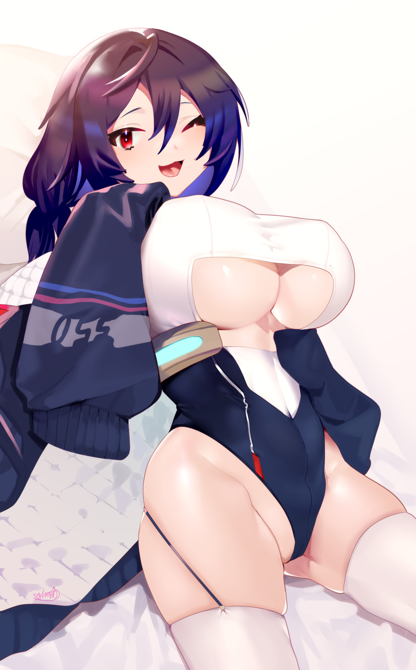 1girl ;d absurdres aiushi_(lovecowjp) allen_m._sumner_(azur_lane) alternate_breast_size azur_lane blue_hair breasts clothing_cutout commentary_request hair_between_eyes happy highleg highleg_leotard highres huge_breasts leotard long_hair looking_at_viewer one_eye_closed open_mouth red_eyes signature skindentation smile sweater thighhighs tongue two-tone_leotard underboob underboob_cutout white_thighhighs