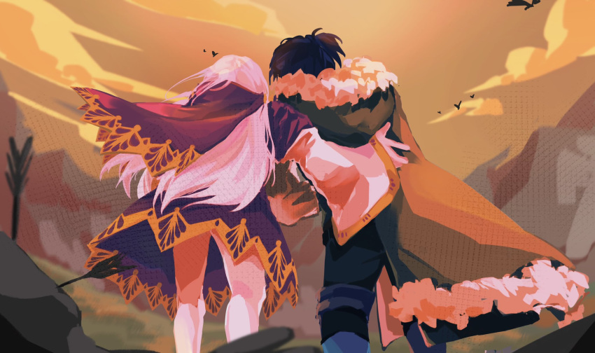 1boy 1girl cape dress felix_hugo_fraldarius fire_emblem fire_emblem:_three_houses from_behind fur_trim hand_on_another's_back highres kawatooo long_hair lysithea_von_ordelia standing sunset walking white_hair