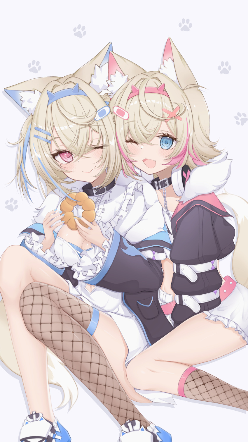 2girls absurdres animal_ears black_jacket blonde_hair blue_eyes blue_hair blush breasts cleavage cleavage_cutout closed_mouth clothing_cutout cropped_jacket cropped_shirt dog_ears dog_girl dog_tail dress fang fur-trimmed_jacket fur_trim fuwawa_abyssgard headphones headphones_around_neck highres hnnk_buta hololive hololive_english jacket large_breasts looking_at_viewer medium_hair mococo_abyssgard multicolored_hair multiple_girls one_eye_closed open_mouth pink_eyes pink_hair shoes short_shorts shorts siblings single_fishnet_legwear sisters skin_fang small_breasts smile sneakers streaked_hair tail twins virtual_youtuber white_dress white_footwear white_shorts