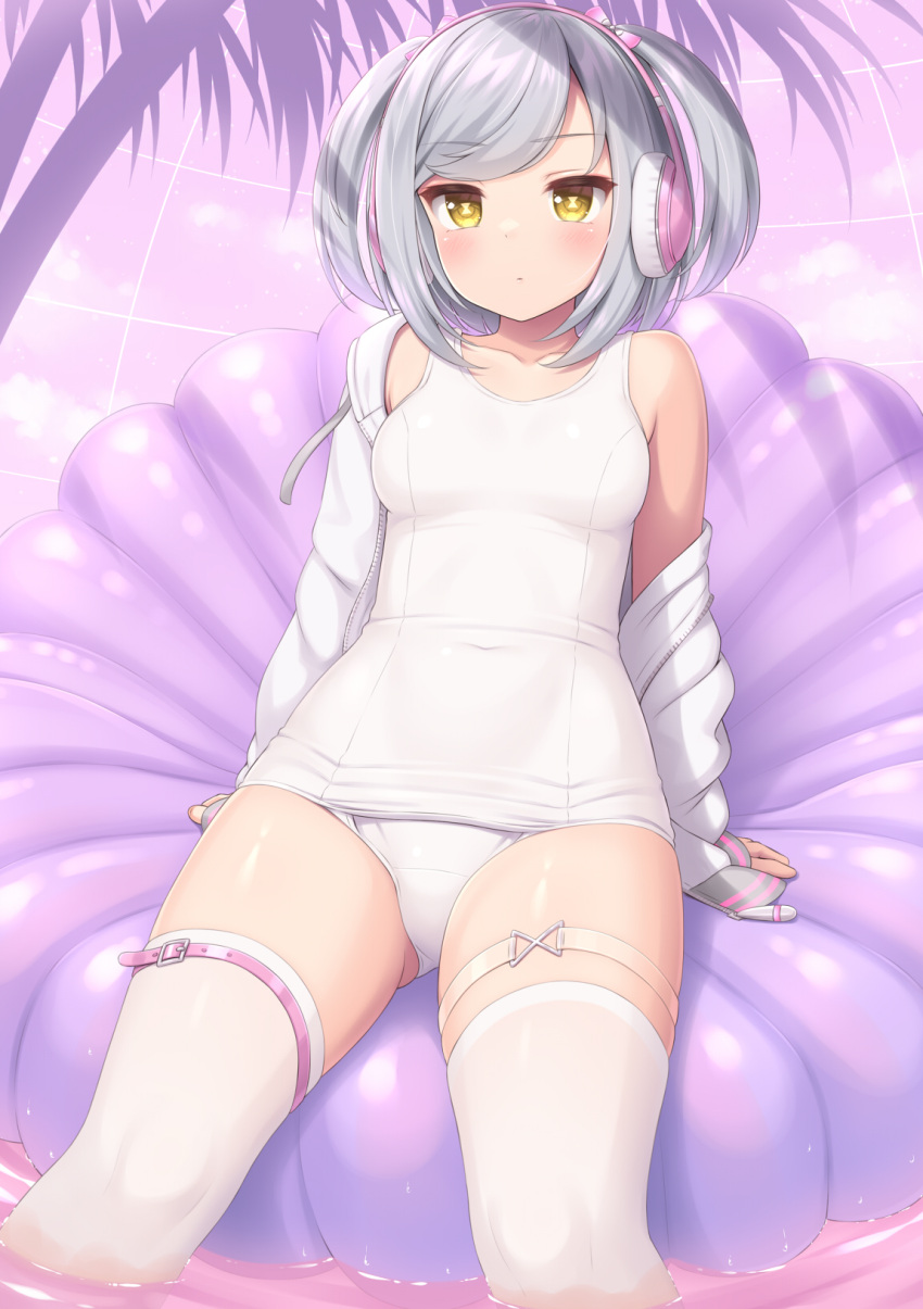 1girl blush breasts collarbone covered_navel dream_(sasaame) grey_hair headphones highres jacket leg_belt medium_breasts medium_hair old_school_swimsuit original sasaame school_swimsuit swimsuit symbol-shaped_pupils thighhighs two_side_up water white_swimsuit yellow_eyes