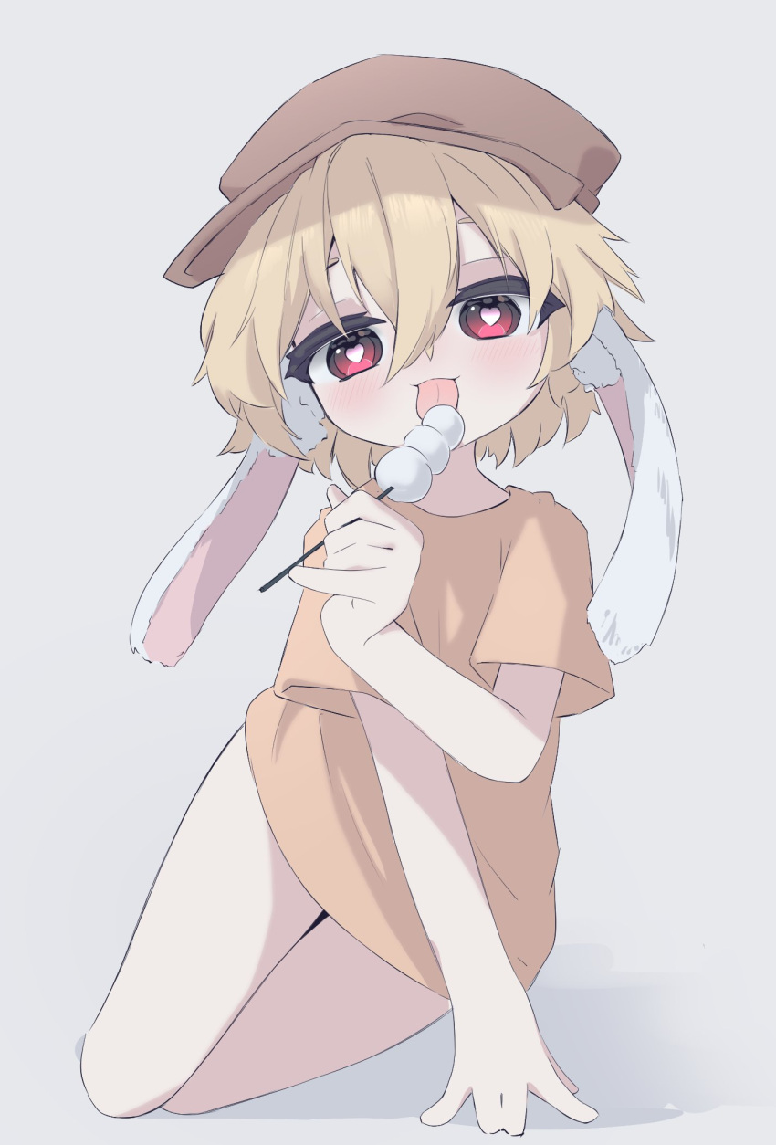 1girl animal_ears blonde_hair brown_headwear commentary_request dango floppy_ears food full_body grey_background hand_on_ground heart heart-shaped_pupils highres holding licking looking_at_viewer mr.turtle_head one-hour_drawing_challenge orange_shirt rabbit_ears rabbit_girl red_eyes ringo_(touhou) shirt short_hair short_sleeves smile solo symbol-shaped_pupils t-shirt tongue tongue_out touhou wagashi