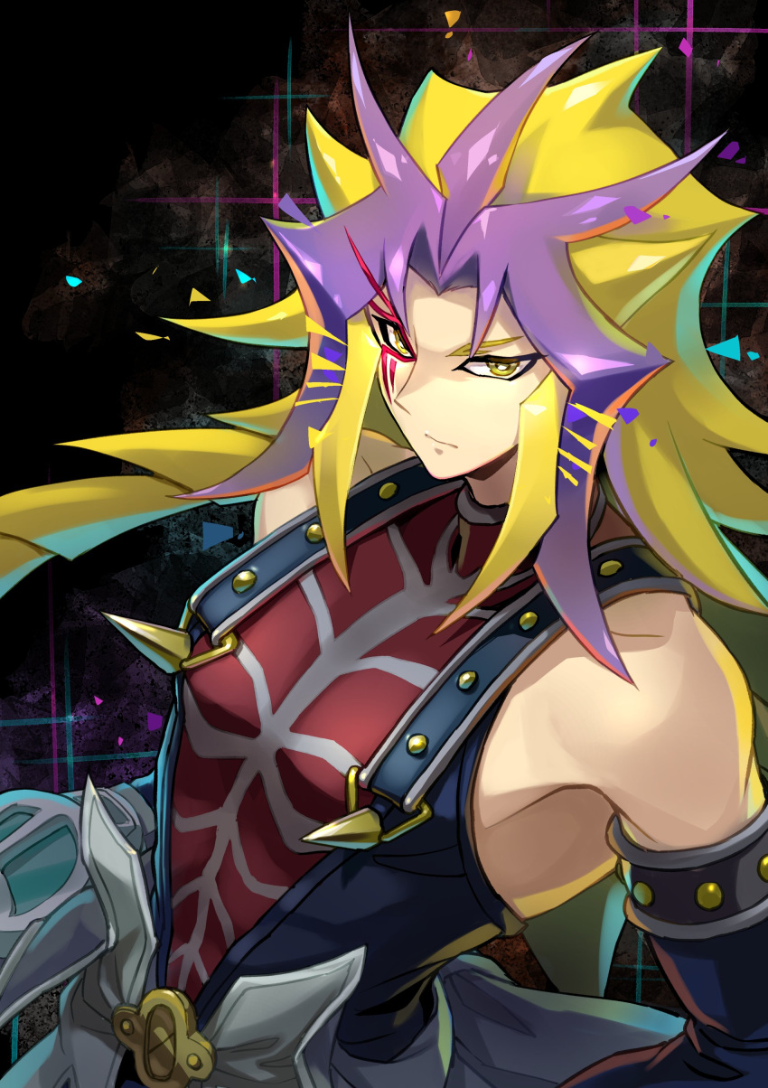 1boy absurdres black_background blonde_hair commentary detached_sleeves duel_disk facial_mark highres leaning leaning_back looking_at_viewer male_focus multicolored_hair paradox_(yu-gi-oh!) purple_hair serious short_hair_with_long_locks sleeveless sleeveless_turtleneck solo spiked_hair spikes standing streaked_hair studded_armlet turtleneck upper_body waist_cape yellow_eyes youko-shima yu-gi-oh! yu-gi-oh!_3d_bonds_beyond_time