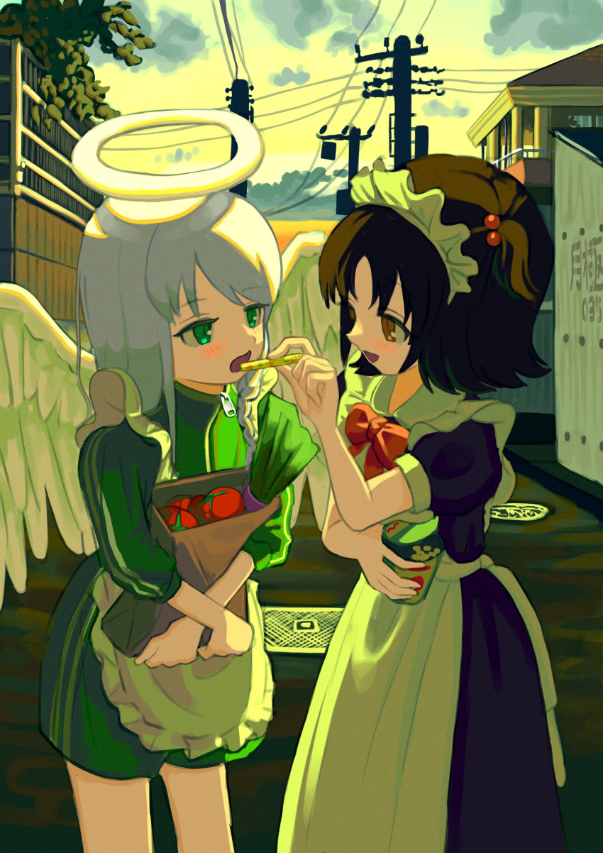 2girls angel angel_wings apron bag black_dress bow bowtie bronya_zaychik brown_eyes cloud cloudy_sky cowboy_shot day double_vertical_stripe dress eating feathered_wings feeding food frilled_apron frills green_eyes green_jumpsuit grey_hair hair_bobbles hair_ornament halo hand_up highres holding holding_bag holding_food house jumpsuit kagenoyuhi leaning_forward long_hair looking_at_another maid_apron maid_headdress medium_hair multiple_girls open_mouth original outdoors paper_bag power_lines red_bow red_bowtie short_jumpsuit short_sleeves sky sleeves_past_elbows spread_wings standing straight_hair tomato two_side_up utility_pole white_apron white_wings wings zipper_pull_tab