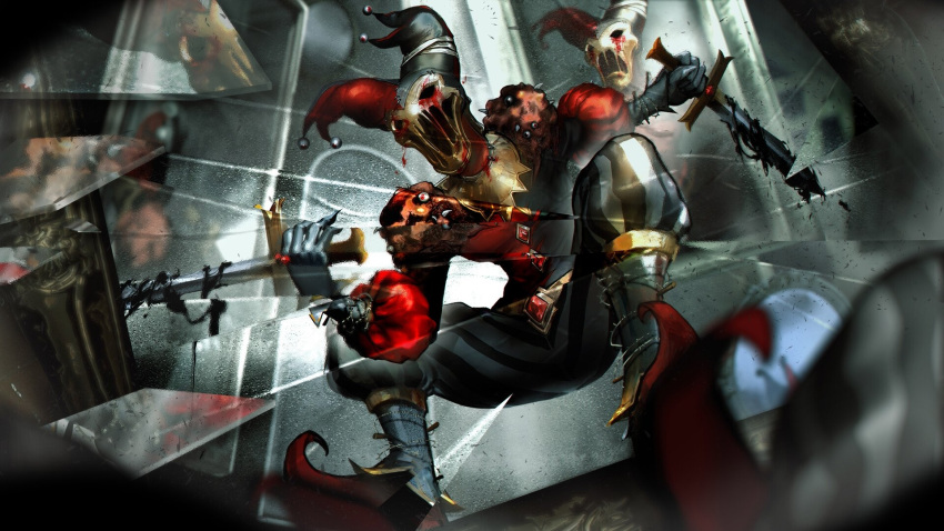 1boy alternate_costume black_shirt blood blood_on_weapon highres holding holding_knife holding_sword holding_weapon hollow_eyes hollow_mouth horror_(theme) indoors knife league_of_legends open_mouth pants red_footwear red_shirt shaco shirt solo striped striped_pants sword two-tone_shirt wanda_(wandakun) weapon