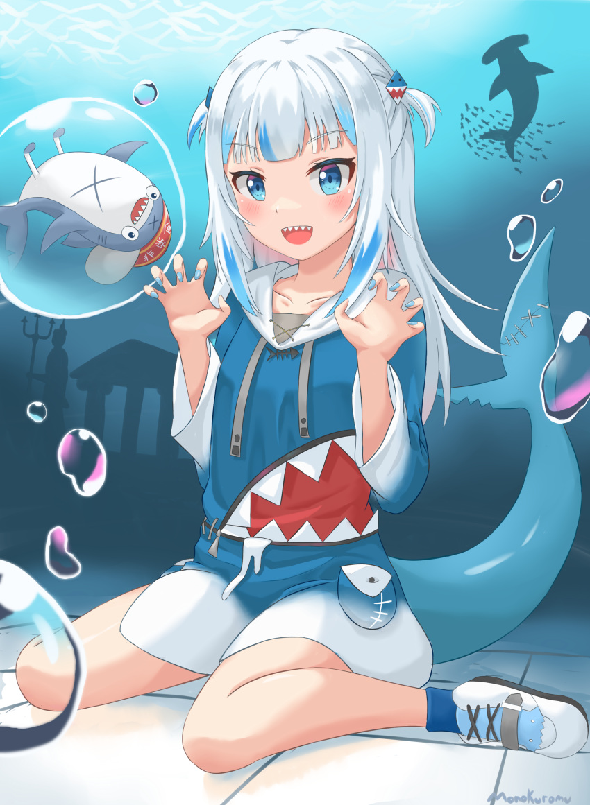 1girl absurdres air_bubble animal bloop_(gawr_gura) blue_eyes blue_hair blush bubble claw_pose fins fish fish_tail full_body gawr_gura hair_ornament highres hololive hololive_english hood hood_down hoodie kyujuukyu long_hair looking_at_viewer multicolored_hair open_mouth ruins school_of_fish shark shark_girl shark_hair_ornament shark_tail sharp_teeth shoes sitting smile sneakers socks solo streaked_hair tail teeth tile_floor tiles two_side_up underwater virtual_youtuber wariza white_hair