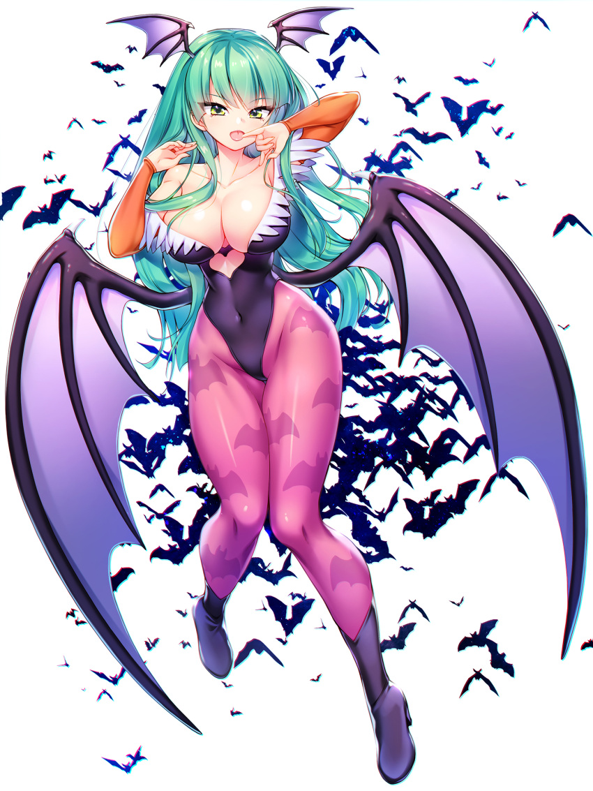 1girl animal_print bare_shoulders bat_print bat_wings black_footwear black_leotard boots breasts bridal_gauntlets capcom cleavage clothing_cutout covered_navel demon_girl finger_to_mouth frilled_leotard frills green_eyes green_hair head_wings heart_cutout high_heel_boots high_heels highleg highleg_leotard highres large_breasts leotard long_hair low_wings michie_sticker morrigan_aensland pantyhose pink_pantyhose pinky_to_mouth print_pantyhose purple_wings shiny_pantyhose shiny_skin solo thigh_gap thighs tongue tongue_out vampire_(game) wings