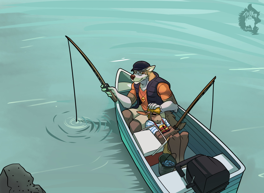 absurd_res anthro boat caressing_head clothed clothing coach_dale eyes_closed eyewear fishing_rod fully_clothed fully_clothed_anthro fully_clothed_male glasses hi_res holding_object lake luke_rider male male/male male_anthro sleeping thekinkybear vehicle watercraft