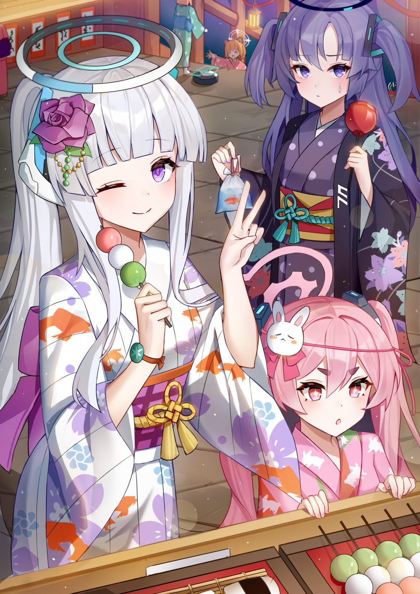 6+girls absurdres alternate_costume aris_(blue_archive) bag bagged_fish blue_archive blush candy_apple dango fish food gonggo grey_hair halo highres japanese_clothes kimono koyuki_(blue_archive) looking_at_food looking_at_viewer midori_(blue_archive) momoi_(blue_archive) multiple_girls noa_(blue_archive) one_eye_closed outdoors pink_eyes pink_hair ponytail print_kimono purple_eyes purple_hair robotic_vacuum_cleaner smile summer_festival twintails two_side_up v wagashi wide_sleeves yukata yuuka_(blue_archive) yuzu_(blue_archive)