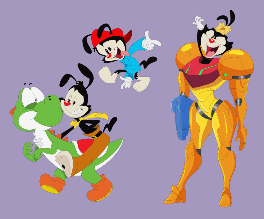 absurd_res animaniacs anthro armor barefoot clothing cosplay crossover crossover_cosplay dot_warner eye_contact feet female footwear gloves group handwear hi_res inkblot looking_at_another male mario_bros metroid nintendo open_mouth samus_aran scalie scottforester17 shoes sibling_(lore) wakko_warner warner_brothers yakko_warner yoshi