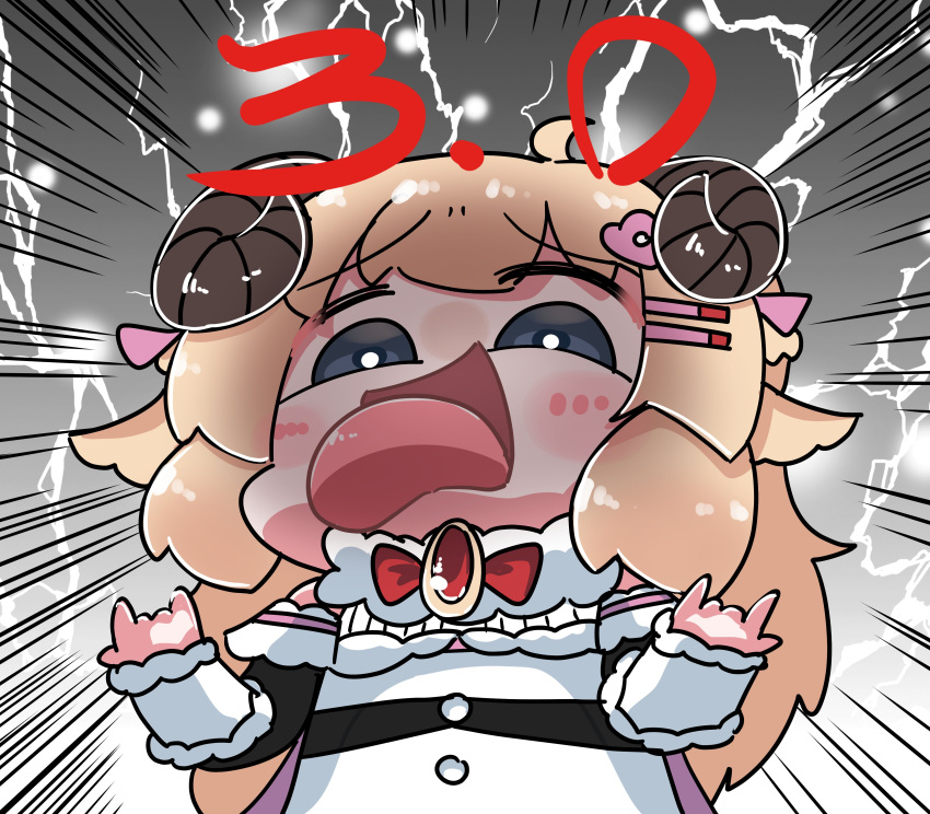 absurdres ahegao animal_ears blonde_hair blush candy_hair_ornament chibi curled_horns dress food-themed_hair_ornament fur-trimmed_dress fur_trim hair_ornament highres hololive horns long_hair motion_lines nose_blush sheep_ears sheep_girl sheep_horns tongue tongue_out tsunomaki_watame tsunomaki_watame_(1st_costume) virtual_youtuber yayoi_after